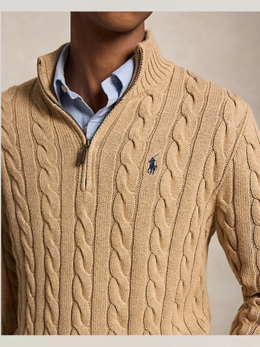 NWT Polo Ralph Lauren Cable-Knit Cotton Quarter-Zip Sweater Camel Melange M - Picture 9 of 11